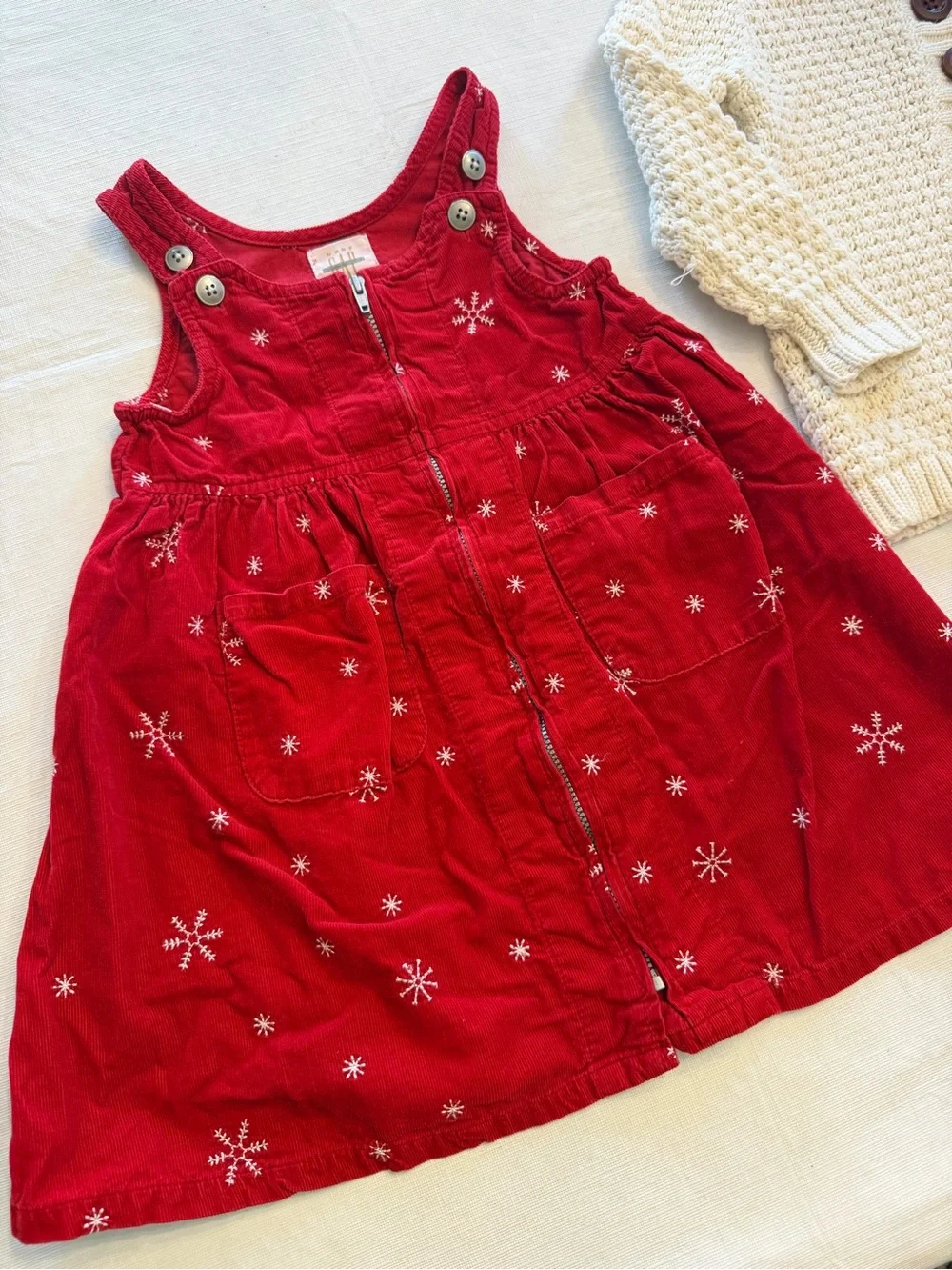 GAP Red Corduroy Embroidered Pinafore Dress and Old Navy Cream Knit Cardigan